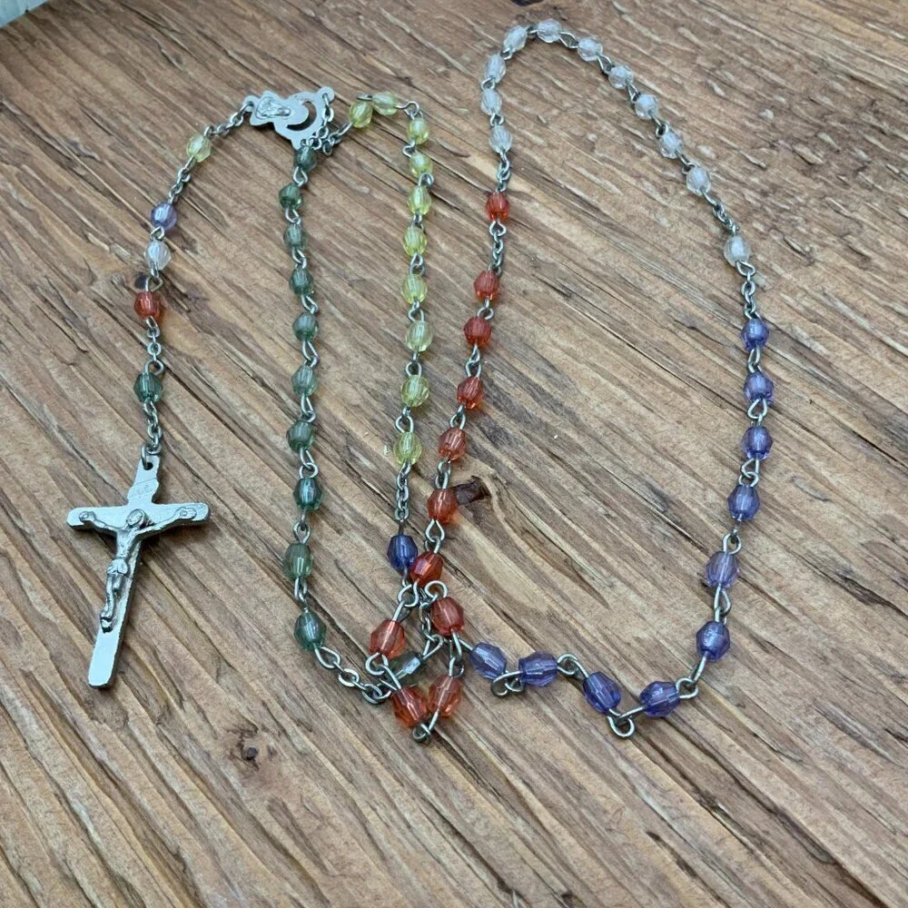 Rosary Vintage Multi Colored Rainbow Beaded Silver Tone